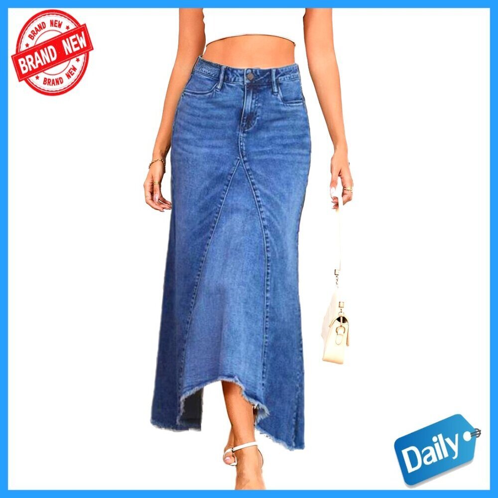 High Waist Stretch Denim Midi Skirt with Pockets Regular Fit